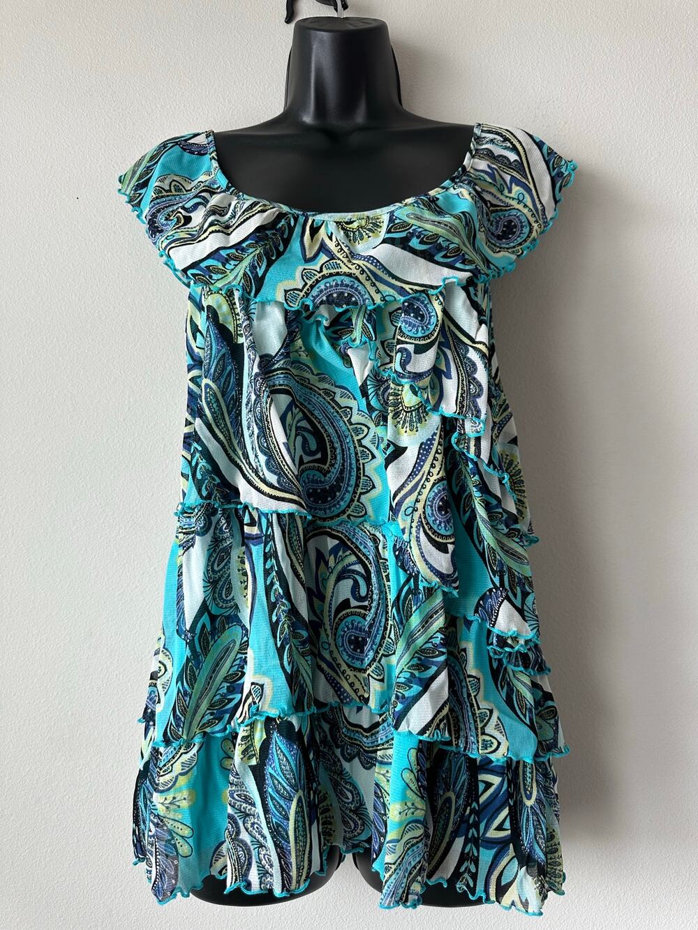 Vintage Y2K Paisley Ruffle Mesh Tunic Top Blue Aqua Boho Fairycore Tiered 
XL